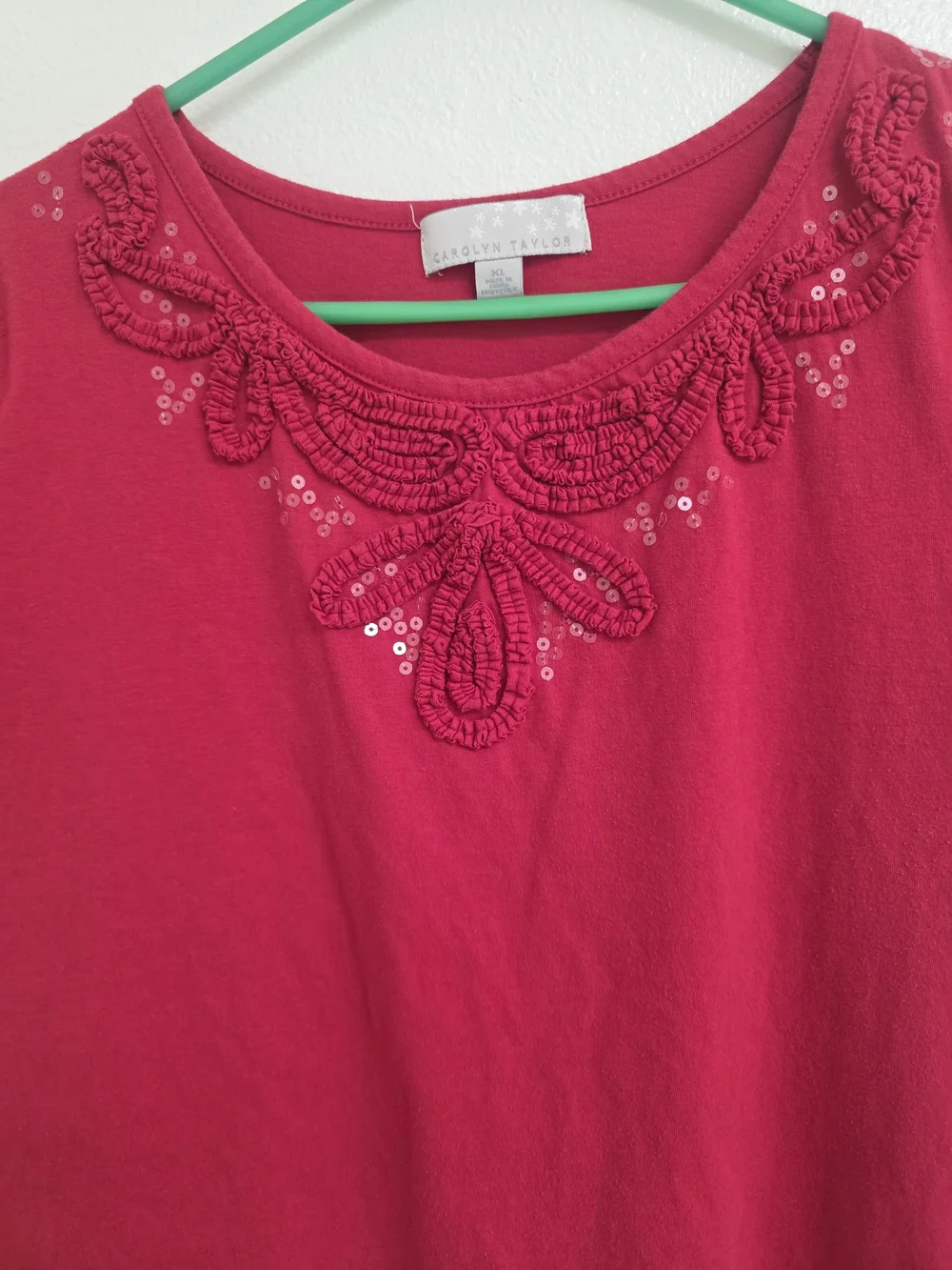 Carolyn Taylor Red Short-Sleeve Top with Embellished Neckline (0697)